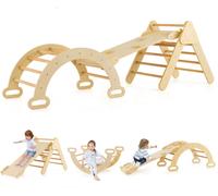 Costway 7 en 1 Triangle Arche Montessori d'Escalade Enfants avec Toboggan Bois Rampe Échelle Réglable Aire de Jeux pour 1 Ans+