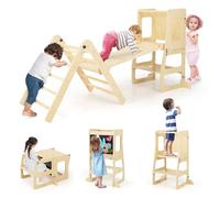 COSTWAY 7 en 1 Triangle d'escalade Montessori avec Rampe Réversible, Tour d’Apprentissage Montessori en Bois avec Tableau Noir, Table et Chaise, Charge 60kg pour Enfants de 3-14 Ans (Naturel)