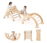 COSTWAY 7 en 1 Triangle d'escalade Montessori Pliable Enfant avec Rampe, Arc d'escalade Montessori en Bois avec Tente & Bascule & Échelle, Charge Max 50KG pour Glisser Grimper pour Bébé de 3 Ans+