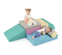 COSTWAY 7 PCS Parcours de Motricité Bébé en Mousse avec Housse en PU, Bloc de Constrcution pour Jeu pour Grimper Ramper Bleu