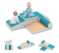 COSTWAY 7PCS Parcours Motricité Bébé en Mousse avec Housse en PU, Module Motricité Bébé avec Diverses Couleurs & Formes, Jouets Éducatifs pour Ramper Grimper, Nettoyage Facile, 18 Mois+ (Bleu)