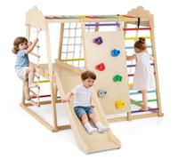 COSTWAY 8 en 1 Aire de Jeux d'escalade Intérieure en Bois avec Toboggan Amovible & Balançoire, Triangle d'escalade Montessori Enfant avec Filet & Échelle Montessori, Charge 140kg pour 3 Ans+ (Coloré)