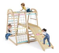 COSTWAY 8 en 1 Aire de Jeux d'escalade Intérieure en Bois avec Toboggan & Balançoire, Triangle d'escalade Montessori Enfant avec Filet & Échelle & Barre de Singe, Charge 50kg pour 3-5 Ans (Coloré)