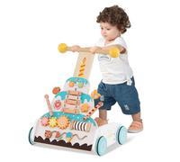 COSTWAY 8 en 1 Chariot de Marche en Forme Gâteau avec Xylophone & Perles & Blocs, Marcheur D'Apprentissage Bébé en Bois avec Poignée Réglable, Espace Intérieur & 4 Roues, Trotteur Bébé de 12 Mois+