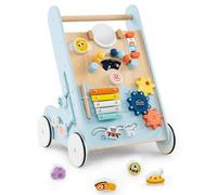 COSTWAY 8 en 1 Chariot de Marche sur Thème Spatial avec Miroir & Perles & Xylophone, Marcheur D'Apprentissage Bébé avec 4 Blocs & Espace Arrière, Poignée & 4 Roues, Trotteur Bébé de 12 Mois+ (Bleu)