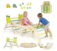 COSTWAY 8 en 1 Triangle d'escalade Enfant Pliable sur Thème Grenouille avec Rampe & Échelle de Corde, Arche d'escalade Montessori en Bois avec 8 Blocs & Labyrinthe, Aire de Jeux Intérieur pour 1 an+