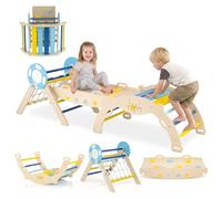 COSTWAY 8 en 1 Triangle d'escalade Enfant Pliable sur Thème Maritime avec Rampe & Échelle de Corde, Arche d'escalade Montessori en Bois avec 8 Blocs & Labyrinthe, Aire de Jeux Intérieur pour 1 an+