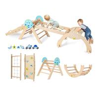 COSTWAY 8 en 1 Triangle d'escalade Enfant Pliable sur Thème Planètes avec Rampe & Bascule, Arc d'escalade Montessori en Bois Hêtre avec 2 Voitures & Labyrinthe, Aire de Jeux Intérieur pour 1 an+