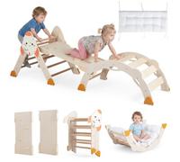 COSTWAY 8 en 1 Triangle d'escalade Montessori Enfant en Bois, Naturel | Coussin Doux, Arche d'Escalade & Rampe, Parcours de Motricité Pliable en Forme de Fusée, Charge 150kg pour 1 An+