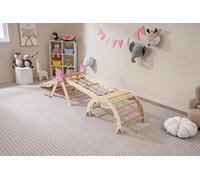 COSTWAY 8 en 1 Triangle d'escalade Montessori Enfants avec Rampe Double Face, Arc d'escalade Montessori en Bois Hêtre avec Échelle, Charge Max 50KG pour 1 an+ (Naturel,Licorne)