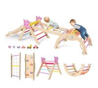 COSTWAY 8 en 1 Triangle d'escalade Montessori Enfants avec Rampe Double Face, Arc d'escalade Montessori en Bois Hêtre avec Échelle, Charge Max 50KG pour 1 an+ (Multicolore,Licorne)