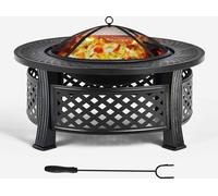 COSTWAY 81 cm Set de foyer, 3 en 1 brûleur à bois rond avec surface de haute résistance à la température, cheminée d'extérieur avec BBQ grill, grille à bois, tisonnier, protection contre la pluie, con