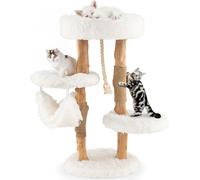 COSTWAY 87cm Arbre à chat en bois, arbre à chat avec hamac & corde en sisal & sièges en peluche, tour pour chats avec poteaux griffoirs en jute, meubles pour chats en bois massif, arbre à chat à grimp