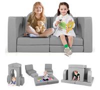 COSTWAY 8PCS Canapé Modulaire pour Enfants en Tissu Daim, Canapé Enfant Convertible 2 Places avec Housses Amovibles & Lavables, Charge 40kg pour Salle de Jeux et Chambre d’Enfant (Gris)