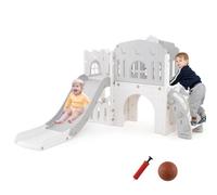 COSTWAY 9 en 1 Toboggan Enfant en HDPE avec Échelle & Panier de Basketball, Aire de Jeux Intérieure avec Télescope & Volant & Tunnel, Espace de Rangement pour Tout-Petits de 1 an+ (Gris)