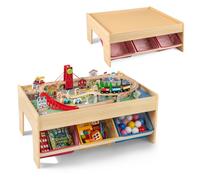 COSTWAY 94Pcs Table Circuit de Train Enfant en Bois avec 2 Plateaux Réversibles, Table d'Activités 2 en 1 avec 3 Tiroirs en Tissu Pliables, Rail en Bois Massif, pour Garçons Filles 3+ Ans