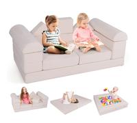 COSTWAY 9PCS Canapé Modulaire pour Enfants en Tissu Daim, Canapé Enfant Convertible 2 Places avec Housses Amovibles & Lavables, Canapé en Mousse pour Salle de Jeux et Chambre, 3 Ans+ (Beige)