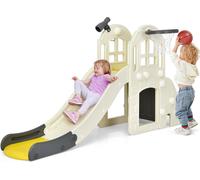 COSTWAY Aire de jeux pour enfants 6 en 1 , toboggan pour enfants avec échelle, panier de basket, anneaux, télescope et tunnel, centre de jeux intérieur et extérieur pour enfants de 3 à 8 ans (jaune)