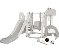COSTWAY Aire de jeux pour enfants 6 en 1, Toboggan pour enfants & Balançoire & Panier de basket & Échelle & But de football & Trou de golf, Portique de balançoire Balançoire de jardin Balançoire pour 