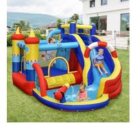 COSTWAY Aquatique Gonflable 6 en 1 avec Toboggan Incurvé Piscine à Eclaboussures Jeu Cible et Canon à Eau sans Gonfleur pour Enfants