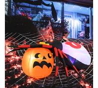 COSTWAY Araignée Gonflable 150 x 140 cm avec Citrouille, Décoration d'halloween Eclairée par LED avec Lumière Rotative Colorée, Décoration de Citrouille Gonflable avec Piquets pour Cour, Jardin