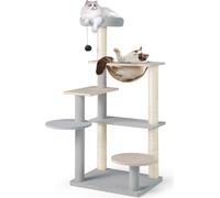 COSTWAY Arbre à chat 113cm, Arbre pour chats petit meuble avec plates-formes, capsule spatiale, poteaux en sisal & jouets, arbre d'activité Arbre à grimper Bois Gris