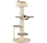 COSTWAY Arbre à chat 120cm bois, arbre à chat avec hamac, 3 plateformes, tapis sisal & colonne à griffer, meuble pour chats petit, arbre à grimper gris naturel