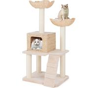 COSTWAY Arbre à chat 122cm avec grotte pour chats, arbre à chat avec 2 perchoirs, coussins, grotte, échelle & poteaux en sisal, arbre à grimper à plusieurs niveaux Petit Beige