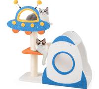 COSTWAY Arbre à chat 87cm, Arbre à chat thème espace, Meubles pour chats Arbre à grimper avec plateforme OVNI, jouets, griffoirs en sisal & maison pour chats fusée Bleu