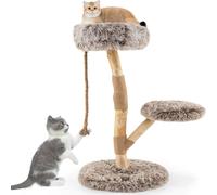 COSTWAY Arbre à chat 90cm en bois avec 3 sièges en peluche, corde & poteau griffoir en jute, tour pour chats Meubles pour chats, arbre à chat à grimper, brun+naturel