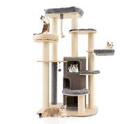 COSTWAY Arbre à Chat à Plusieurs Niveaux, Tour à Chat Peluchée avec 3 Étages de Condo et Hamac, Centre d’Activité pour Chat avec Boule à Ressort et Corde Suspendue, Charge 20KG Chaque Couche (Gris)