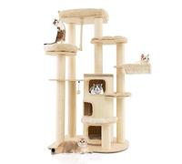 COSTWAY Arbre à Chat à Plusieurs Niveaux, Tour à Chat Peluchée avec 3 Étages de Condo et Hamac, Centre d’Activité pour Chat avec Boule à Ressort et Corde Suspendue, Charge 20KG Chaque Couche (Beige)