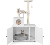 COSTWAY Arbre à chat avec armoire à chat, maison de chat tout-en-un, arbre à chat avec entrée, grotte, tronc en sisal & balle de jeu 77,5x49x132cm Blanc