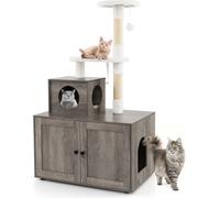 COSTWAY Arbre à chat avec armoire à chat, maison de chat tout-en-un, arbre à chat avec entrée, grotte, tronc en sisal & balle de jeu 77,5x49x132cm Gris