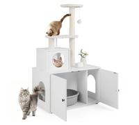 Costway Arbre à Chat avec Cache-Litière Intégré, 2 Plateformes, Grand Condo, Pompon, Poteau Griffeur en Sisal, Meuble en Bois (Blanc)