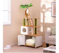 COSTWAY Arbre à Chat avec Compartiment pour Bac à Litière, Meuble Tout-en-un, Griffoirs, Echelle, Corde en Sisal, Boules Suspendues