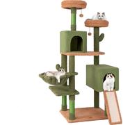 COSTWAY Arbre à chat Cactus 160cm de haut, arbre à chat avec plates-formes, jouets, poteaux en sisal, échelle, panier & 2 niches pour chats, tour pour chats en bois, vert, brun