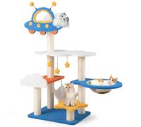 COSTWAY Arbre a Chat Design 124 cm, Arbre a Chat XXL à Thème Spatial, 2 Griffoirs pour Chats, 4 Plateformes, Arbre a Chats Bois, Panier, Hamac, 3 Jouets, 2 Pompons à Ressort, 58 × 45 × 124 cm