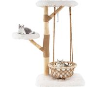 COSTWAY Arbre à chat en bois 123cm, arbre à chat avec panier suspendu, vraies branches en bois, planches à gratter en jute, 2 perchoirs & plateforme, meubles pour animaux domestiques, chats, nature