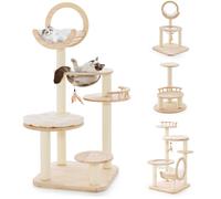 COSTWAY Arbre à Chat en Bois, 4 Formes de Bricolage, avec Plateformes, Capsule Spatiale, poteaux en sisal et Jouets, Grand Arbre à Chat, Meuble d'activité, Arbre d'escalade, 146 cm, Bois de chêne