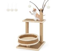 COSTWAY Arbre à chat en rotin à 3 étages, petit arbre à chat, meuble pour chats avec plateforme, 3 balles de jeu, poteau griffoir & lit, arbre à grimper marron 40x40x80cm