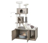 COSTWAY Arbre a Chat Litiere Intégrée, Meuble Litiere Cachées, Poteaux à Griffer en Sisal, 2 Condos, 2 Pompons, Planche à Griffer, 2 Tapis à Gratter, Brosse de Massage, Maison de Toilettes (173 CM)