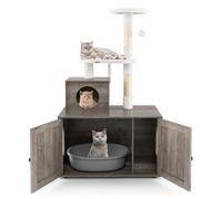 COSTWAY Arbre a Chat Litiere Intégrée, Tour pour Chats avec Cache-Litiere, 2 Plateformes, Grand Condo, Pompon, Poteaux à Griffer en Sisal, Meuble Litiere Chat en Bois (132 cm,Ivoire)