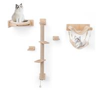 COSTWAY Arbre a Chat Mural en Bois, 5 Pcs Parcours Chat, 3 Poteaux à Griffer en Jute, 2 Hamacs, 5 Marches d’Escalade, Plateforme avec Coussin Amovible, Pompon, pour 3-4 Chats