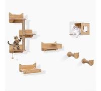 COSTWAY Arbre a Chat Mural en Bois, 6 Pcs Parcours Chat, Hamac, Condo, Plateforme avec 2 Gamelles, Tour pour Chaton à 3 Niveaux, Marches, Poteaux à Griffer en Jute, Pompon Suspendu