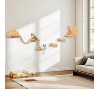 COSTWAY Arbre a Chat Mural en Bois, 6 Pcs Parcours Chat, Hamac en Forme de Lune, Pont, Tour pour Chaton à 2 Niveaux, Plateforme, 2 Marches, Poteaux à Griffer en Jute, Pompon Suspendu