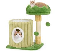 COSTWAY Arbre à chat Petit, Arbre à chat avec plateforme, colonne à griffer en sisal, niche pour chat & 2 balles, bois & peluche, Meubles pour chats Arbre à grimper Vert