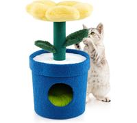 COSTWAY Arbre à chat petit, hauteur 72cm, arbre à chat avec caverne pour chats, plateforme à fleurs, tronc à chat & feuilles, arbre à chat meubles pour chats bleu+jaune