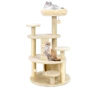 COSTWAY Arbre à Chat XXL 101 cm, Arbre a Chat Bois, 2 Poteaux à Griffer en Sisal, 7 Plateformes, Condo, Échelle d'escalade, 2 Pompons Suspendu, pour Chats Âgés/Nains, 64 x 60 x 101 cm (Beige Foncé)