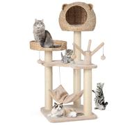 COSTWAY Arbre a Chat XXL 121 cm, Arbre a Chat Bois, 3 Poteaux à Griffer en Sisal, Tour pour Chaton, 3 Plateformes, Condo, Hamac, 4 Pompons, 49,5 × 49,5 × 121 cm